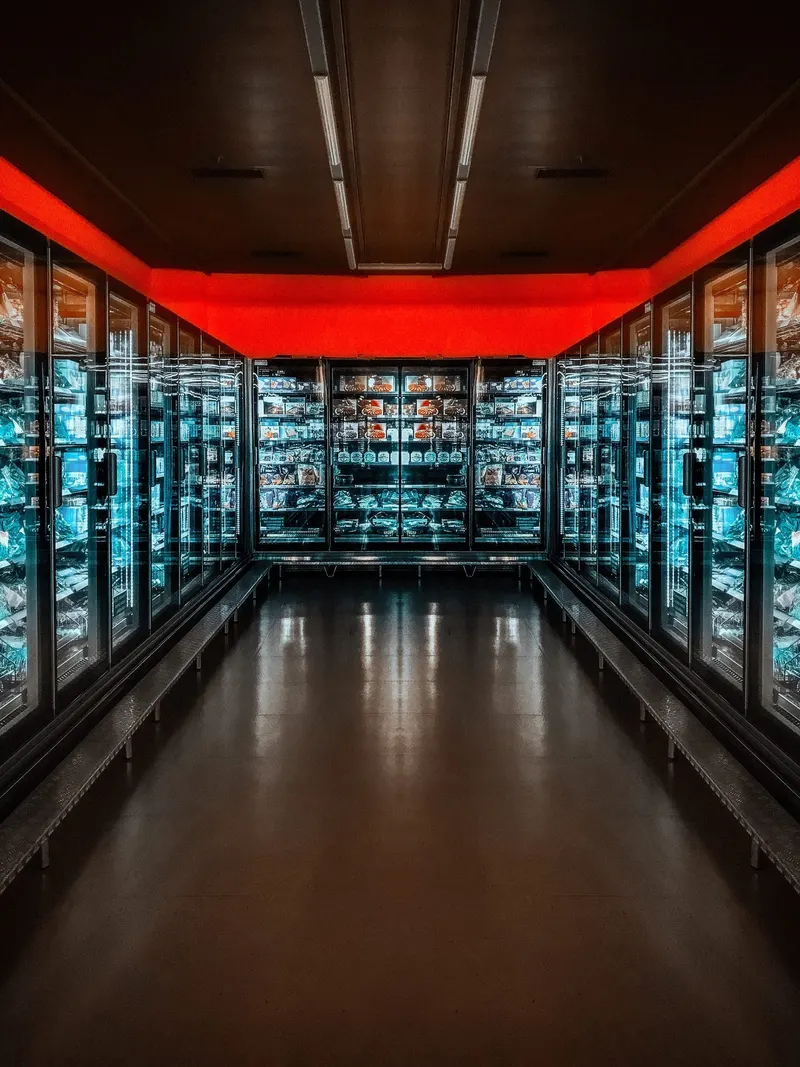 Refrigerated aisle of chilled cabinets in a retail store fitted by Fridges Direct North Wales
